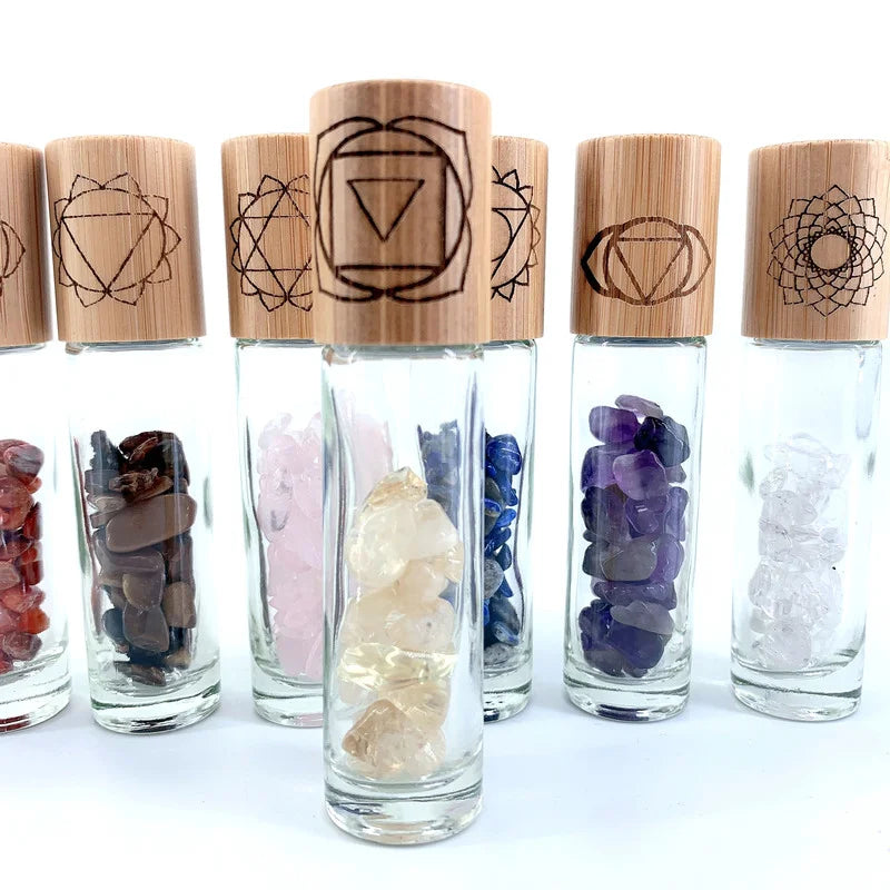 014 - 7 Chakras 7PC Refillable Rollerball Bottle with Gemstones for Essential Oils