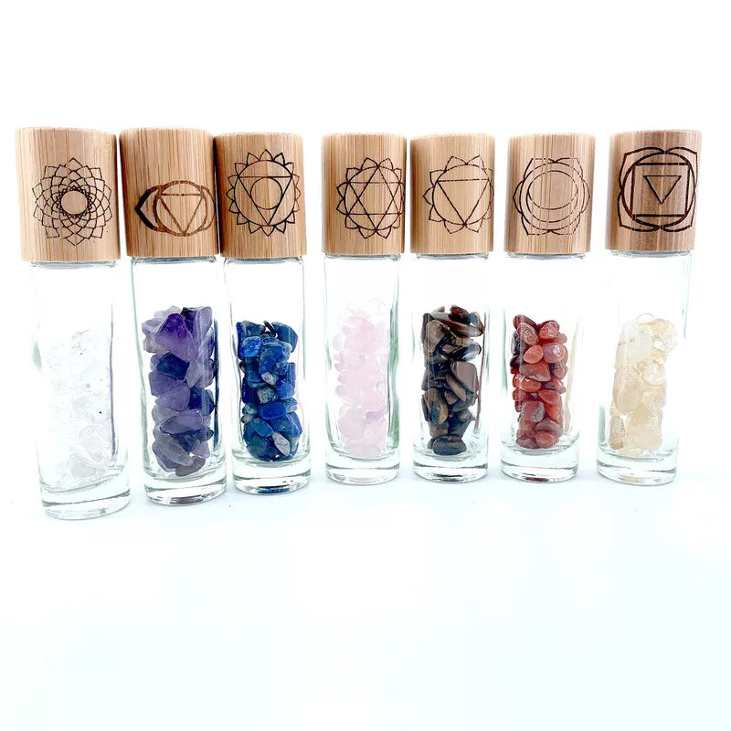 014 - 7 Chakras 7PC Refillable Rollerball Bottle with Gemstones for Essential Oils