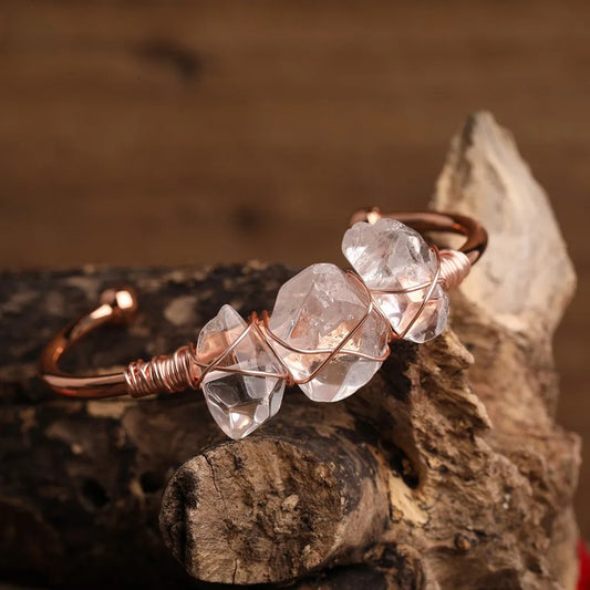 011 - Clear Quartz Natural Stone Wired Bangle Bracelet