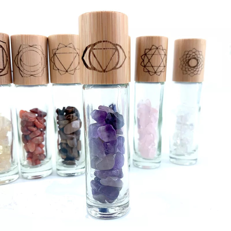 014 - 7 Chakras 7PC Refillable Rollerball Bottle with Gemstones for Essential Oils