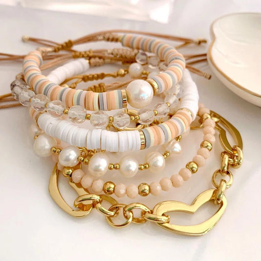 011 - Bohemian Heishi Stackable Polymer Clay & Pearl Bracelet Set