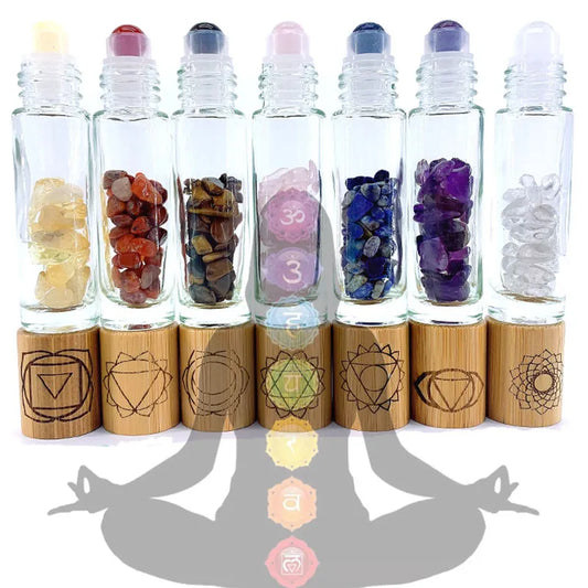 014 - 7 Chakras 7PC Refillable Rollerball Bottle with Gemstones for Essential Oils