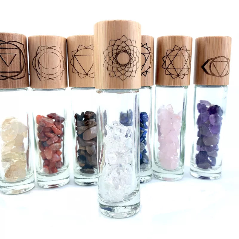 014 - 7 Chakras 7PC Refillable Rollerball Bottle with Gemstones for Essential Oils