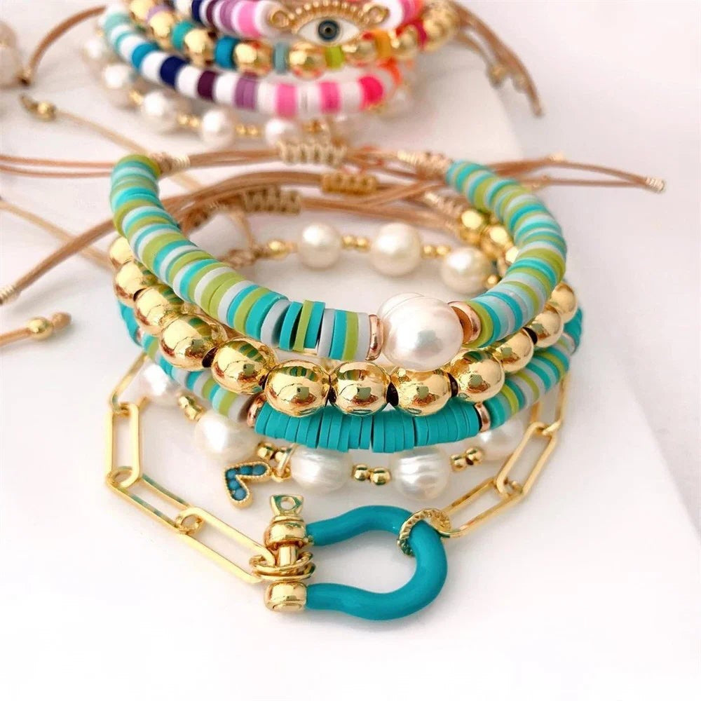 011 - Bohemian Heishi Stackable Polymer Clay & Pearl Bracelet Set