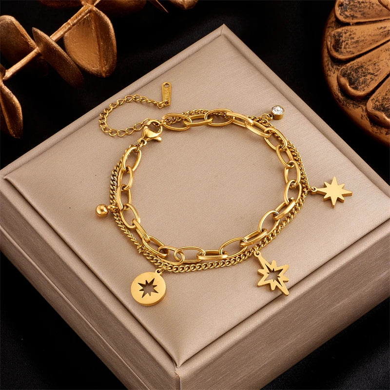 011 - Boho Style Gold Charmed Adjustable Stackable Bracelets