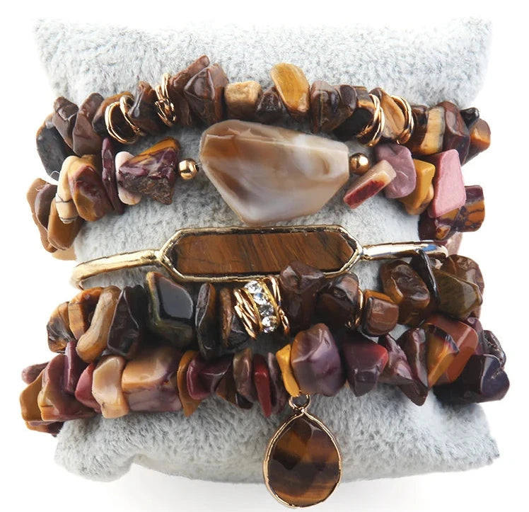 011 - Bohemian Designer Natural Stone Stackable Bracelet Set w/ Bangle