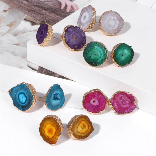 011 - Women's Natural Druzy Agate Crystal Stud Earrings