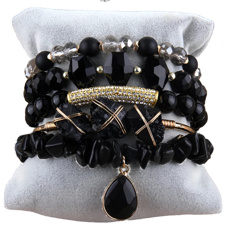 011 - Bohemian Natural Stone Crystal Stackable Bracelet Set w/ Bangle