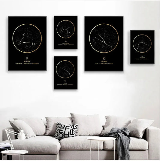 Constellations of the 12 Zodiacs - Black Canvas Print