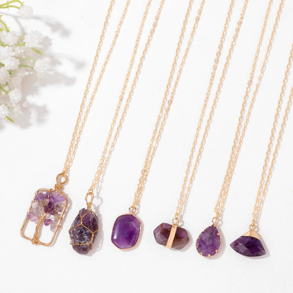 011 - Natural Amethyst Water Drop & Tree of Life Pendant Necklace