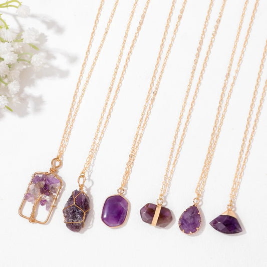 011 - Natural Amethyst Water Drop & Tree of Life Pendant Necklace