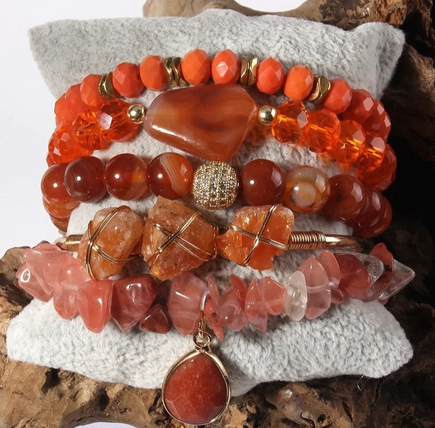 011 - Bohemian Natural Stone Crystal Stackable Bracelet Set w/ Bangle