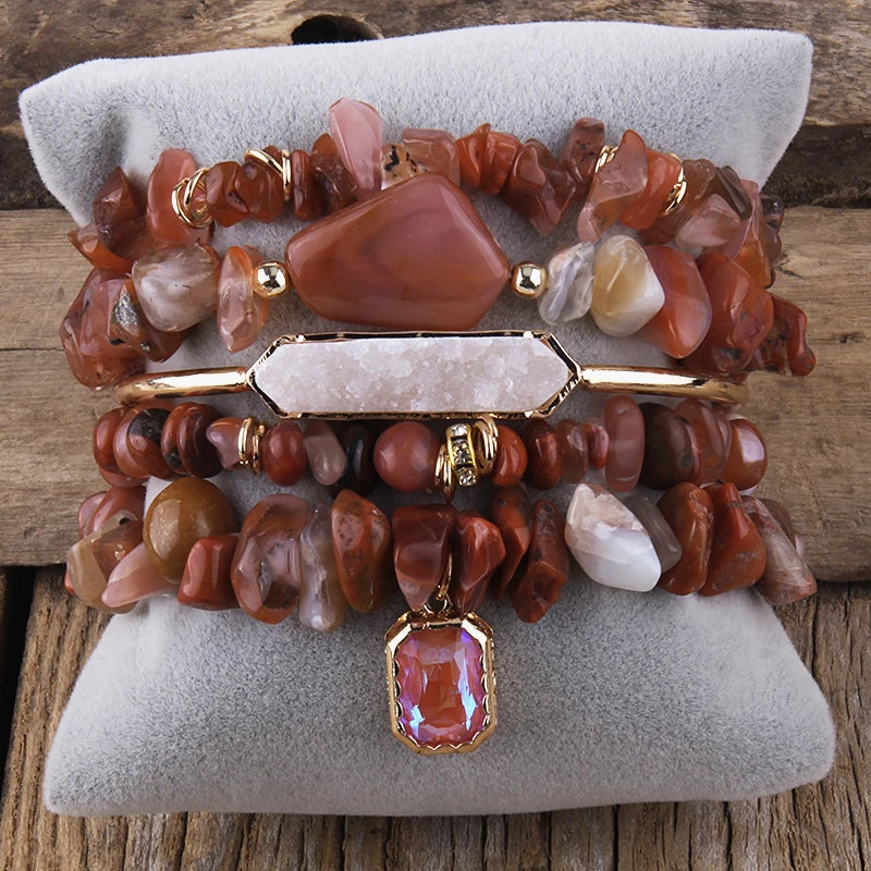 011 - Bohemian Natural Stone Bracelet Set w/ Drop Charm & Bangle