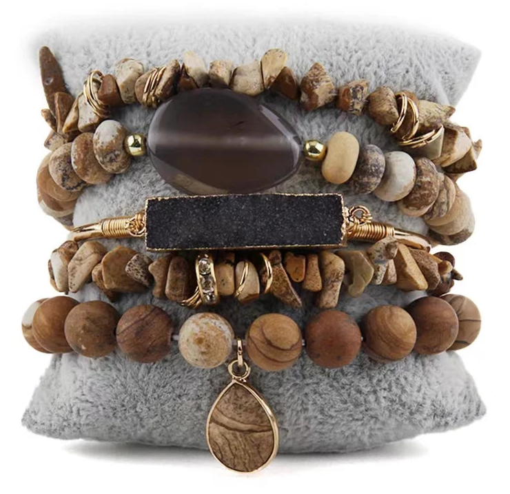 011 - Boho Designer Natural Stone Agate Stacked Bracelet Set w/ Bangle