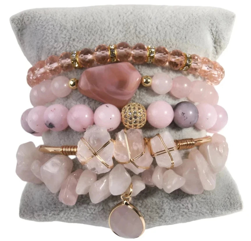 011 - Bohemian Natural Stone Crystal Stackable Bracelet Set w/ Bangle