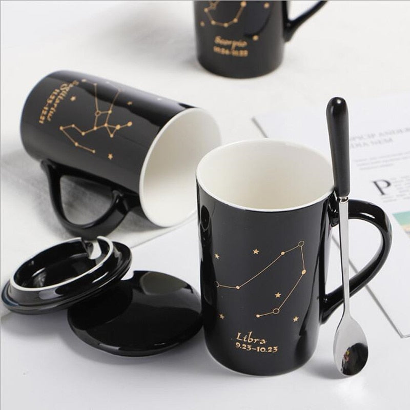 014 - 12 Constellations Ceramic Mug w/ Spoon & Lid Tea/Coffee Cup